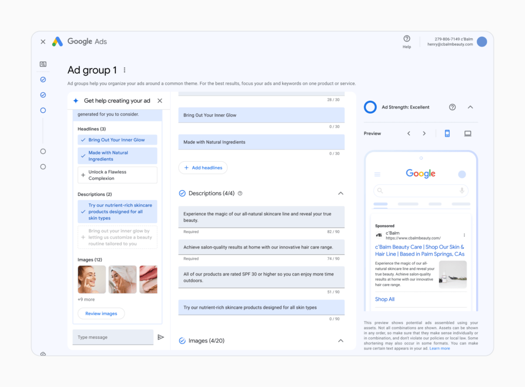 Google's new AI-optimised Google Ads with flowchart of Automatically Created Assets process.